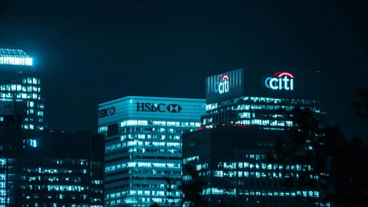 Buildings of HSBC Bank and Citi Bank at night