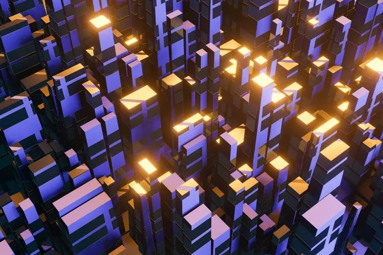 Animated depiction of buildings in the Metaverse